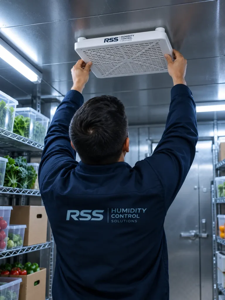Technician installing a CoolerKING humidity control filter in a walk-in cooler
