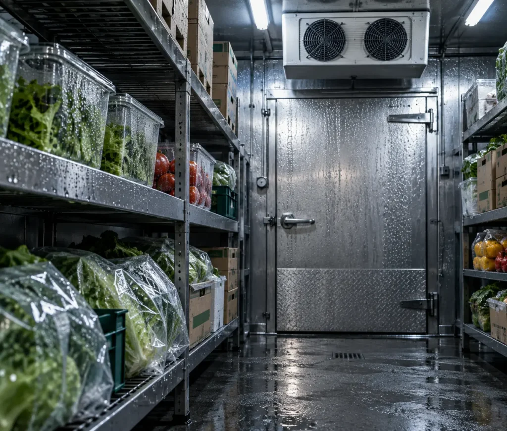 Condensation dripping inside a commercial walk-in cooler