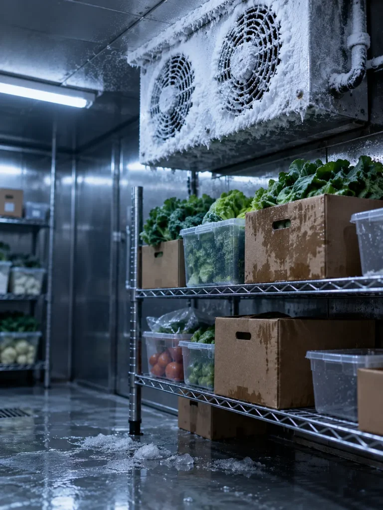 Ice buildup and moisture damaging stored products in a walk-in cooler